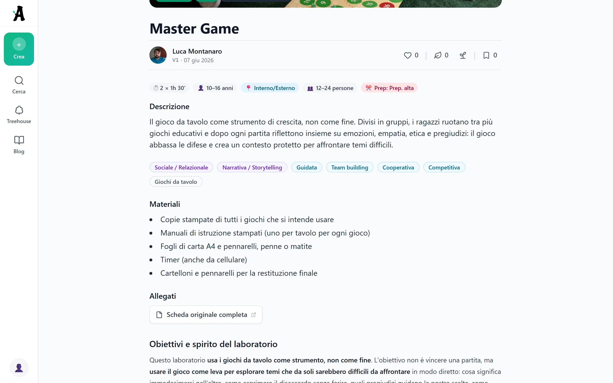 Scheda completa di un'attività su ActiviTree: dettagli, tag, elenco dei materiali, allegati e svolgimento