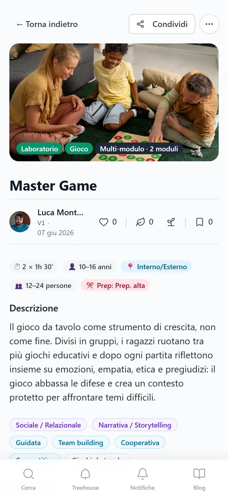 Scheda dell'attività «Master Game» su smartphone, con durata, fascia d'età, luogo e descrizione